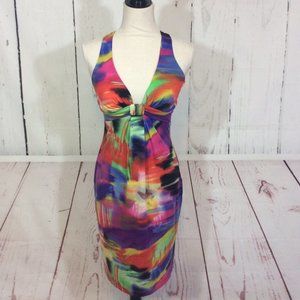 NWT Cache Halter Dress Sexy Knit Colorful Plunge Neck Tropical Bodycon Size 10